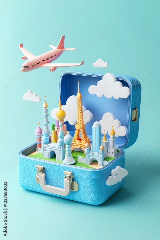 Wall mural 3d isometric model of an open blue suitcase with paper cut-out clouds. inside the bag, there are min