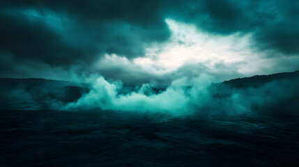 Obraz premium Dark, swirling storm clouds fill the sky, creating a dramatic and intense atmosphere with deep hues of green and gray.