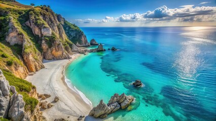 Fototapeta premium Dramatic cliffside with turquoise water and white sandy beach at Capo Vaticano , Italy, beaches, Italy, beaches