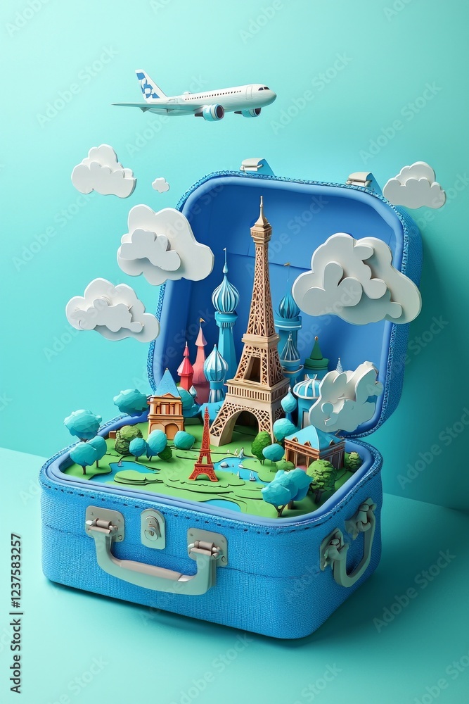 Wall mural 3d isometric model of an open blue suitcase with paper cut-out clouds. inside the bag, there are min