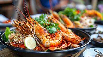 Exquisite Seafood Platter with Grilled Shrimp Garnished with Herbs and Lemon for Gourmet Dining : Generative AI