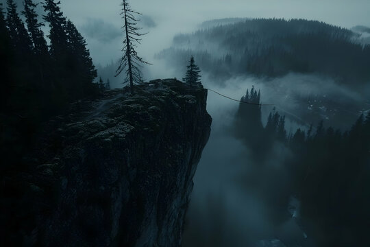 Fototapeta Misty mountaintop cliff, rope bridge, valley fog