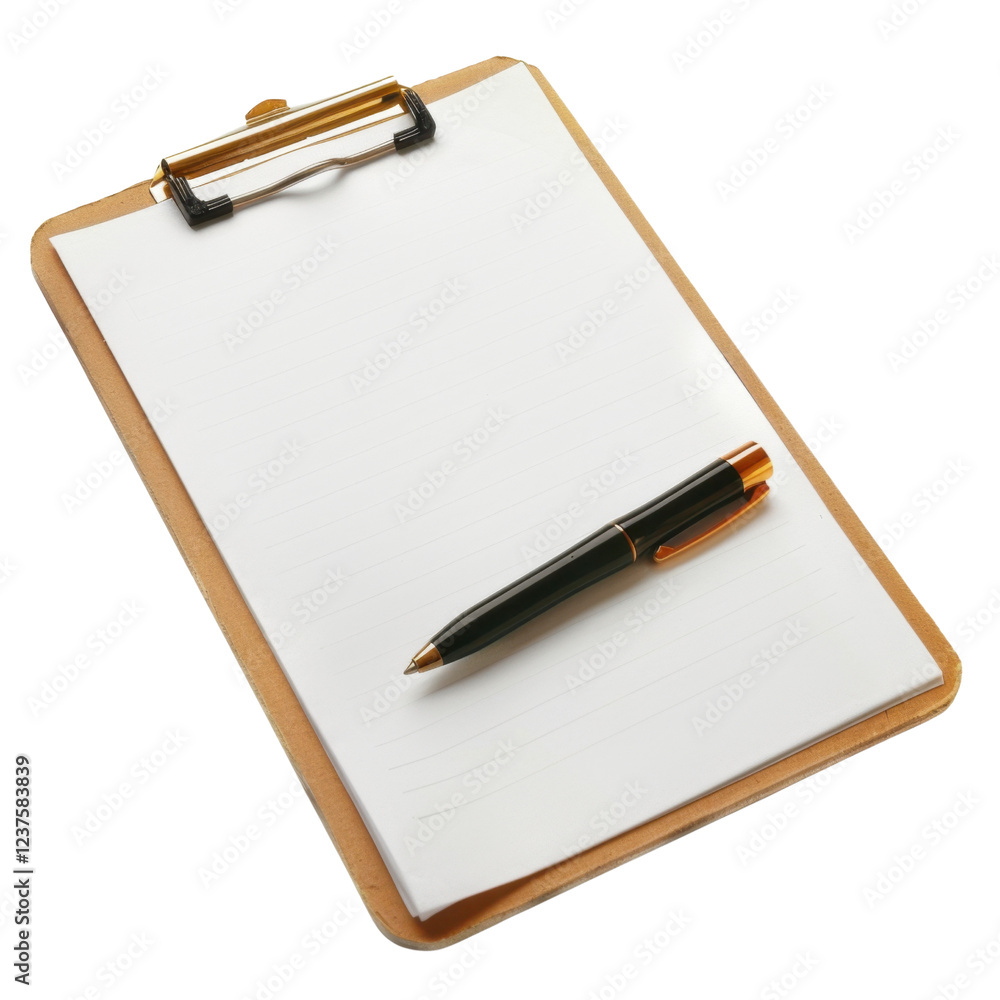 Poster clipboard with blank paper and pen, ideal for note taking or organizing tasks. this conveys sense of