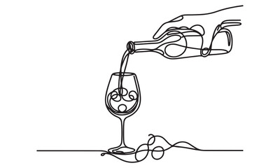 continuous one single line art drawing of pouring champagne wine into glasses