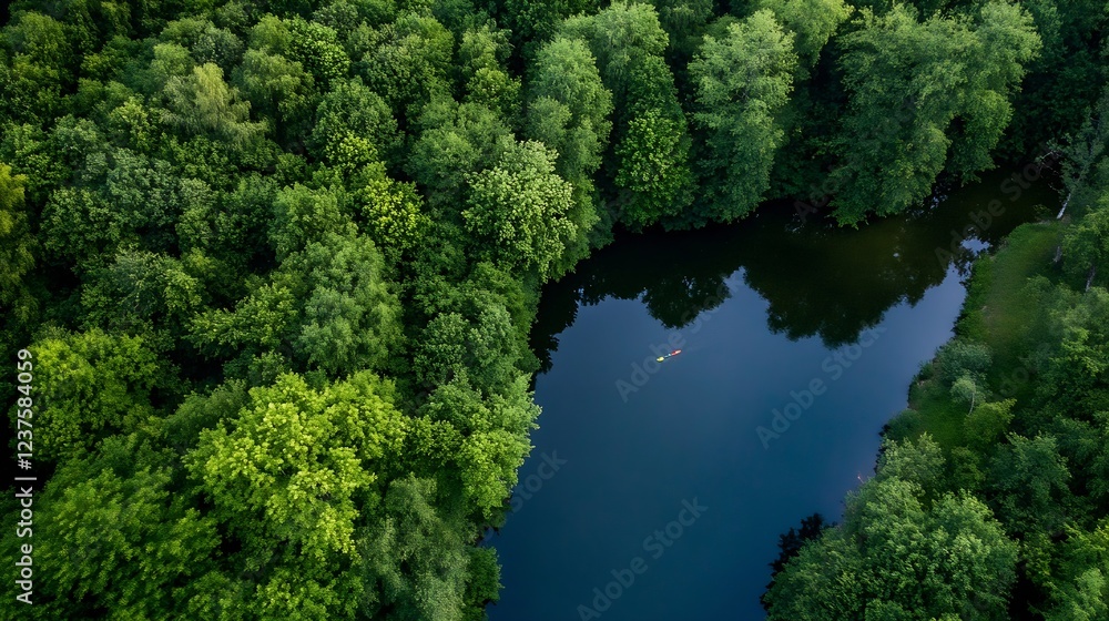 Aufkleber Aerial View of Serene Forest Lake Surrounded by Lush Greenery in Tranquil Setting : Generative AI