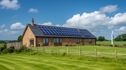 Obraz premium Rustic stone house with solar panels and wind turbine in serene countryside landscape : Generative AI