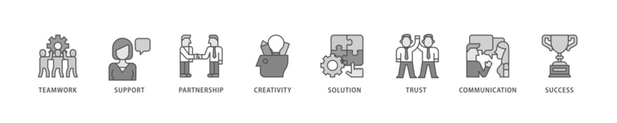 Fototapeta premium Collaboration icon set flow process which consists of teamwork, support, partnership, creativity, solution, trust, communication, success icon live stroke and easy to edit .