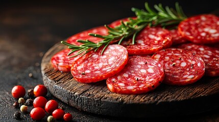 Spicy salami slices on wood, rosemary garnish, peppercorns background; food photography for menus