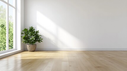 Fototapeta premium Minimalist White Room With Plant and Large Window Allowing Natural Sunlight : Generative AI