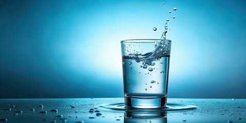 Freshly poured glass of light blue water with droplets falling from the rim into a clear surface , light blue water