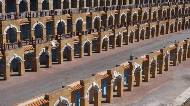 Alexandria, Egypt Rows of rentable cabins on Stanley Beach on the Mediterranean coast. 