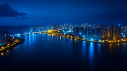 Fototapeta premium Night Cityscape Illuminated Towers by the Bay