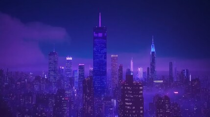 Obraz premium Night Cityscape Purple Neon Glow Skyline Towers