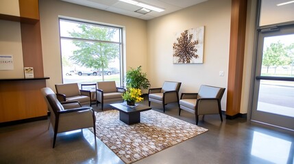 Fototapeta premium Modern and Inviting Waiting Room with Comfortable Seating and Natural Light : Generative AI
