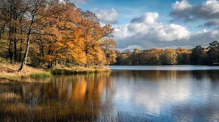 Fototapeta premium Idyllic Autumn Lake Scene with Trees and Clouds in a Reflective Atmosphere : Generative AI