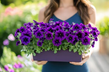 Smiling woman in garden with pot of violet petunias