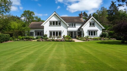 Charming White Country House with Lush Green Lawn and Beautiful Garden Flowers : Generative AI