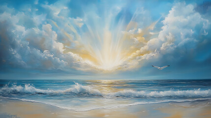 Obraz premium A majestic ocean sunset with golden rays casting light on the calm water, symbolizing serenity and the beauty of nature as the day transitions into night.