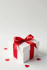 Obraz premium A pristine white gift box adorned with a vibrant red ribbon, surrounded by small red hearts, symbolizing love and affection