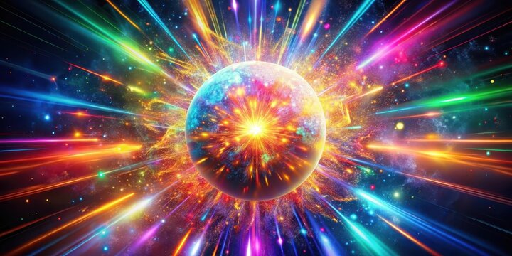 Vibrant sphere imploding in a kaleidoscope of colors as it releases a burst of radiant sparks, vibrant, colorful fragments