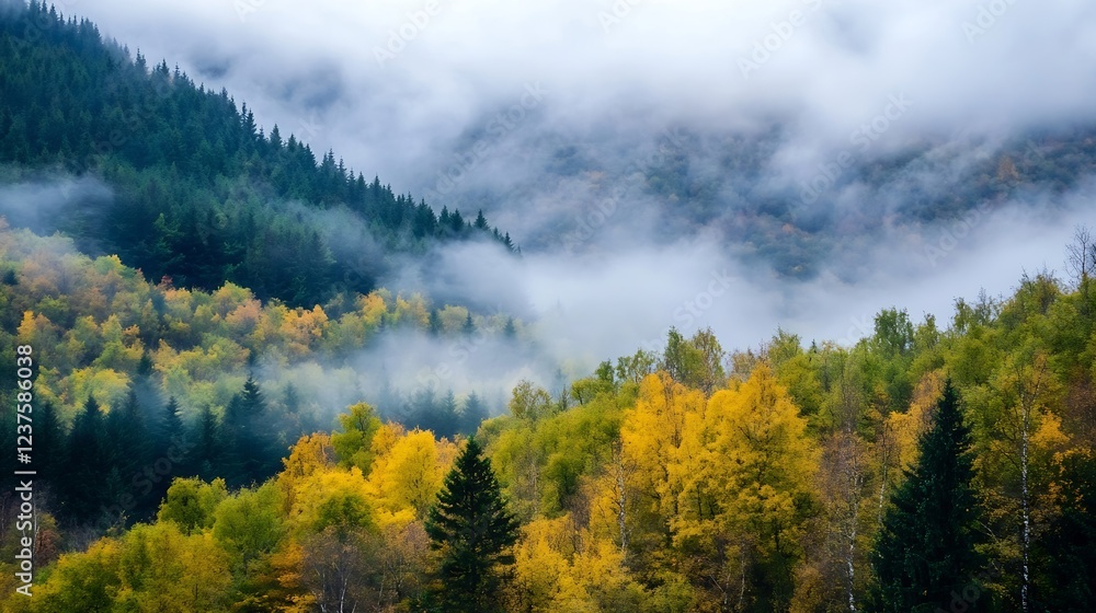 Poster misty autumn forest landscape with colorful trees and dense fog in scenic mountainous area : generat