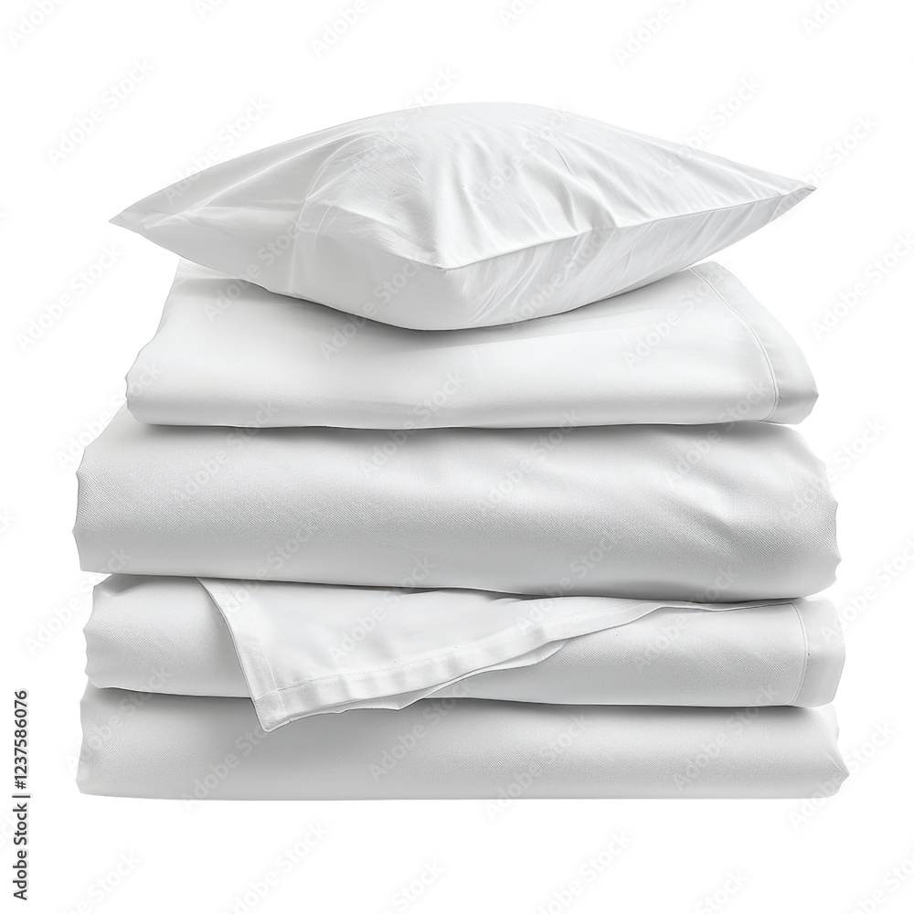 Poster freshly laundered white bedding stacked neatly, including pillow and sheets, creating clean and invi