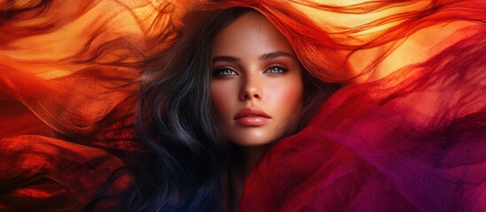 Naklejka premium Woman with flowing dark hair and red fabric.