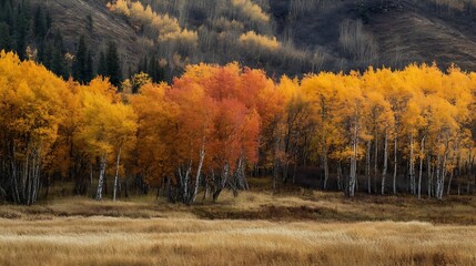 Fototapeta premium Majestic Autumnal Birch Grove with Vibrant Leaves in Natural Tranquil Setting : Generative AI