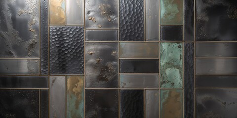 Dark grunge metal plates with rough texture gold outlines metallic panel industrial design