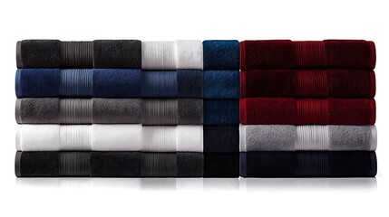 Stacked bath towels in various colors, studio shot, clean background, for online retail