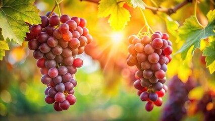 Red grape cluster hanging from a leafy green vine branch with sunlight filtering through , foliage, fall,  foliage, fall, botanical