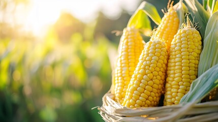 Fresh Harvested Ears of Corn in a Basket with Sunlit Cornfield Background : Generative AI
