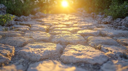 Naklejka premium Sunlit stone path, plants, sunset, peaceful landscape, travel imagery