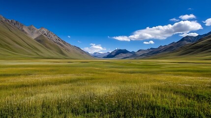 Fototapeta premium Stunning panoramic view of green alpine valley under bright blue sky : Generative AI