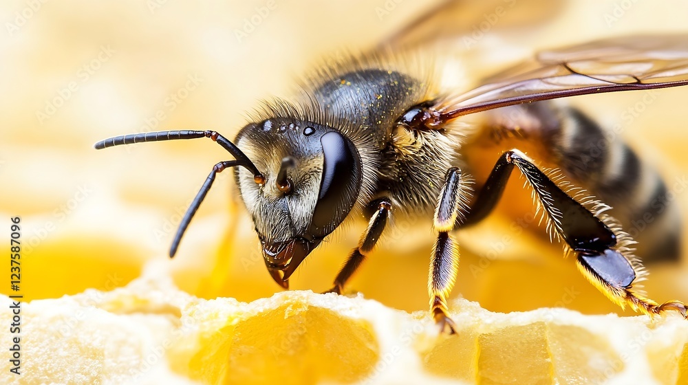 Poster Honeybee Closeup on Honeycomb with Detailed View of Wings and Texture Perfect for Organic Themes : Generative AI