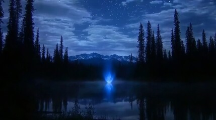 Night Lake Serenity Blue Light Ethereal Forest Scene