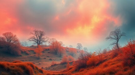 Fototapeta premium A serene landscape photography evoking a mystic, enchanting environment, with gentle color contrasts, an ethereal quality and a dreamlike atmosphere using reds, oranges and yellows.