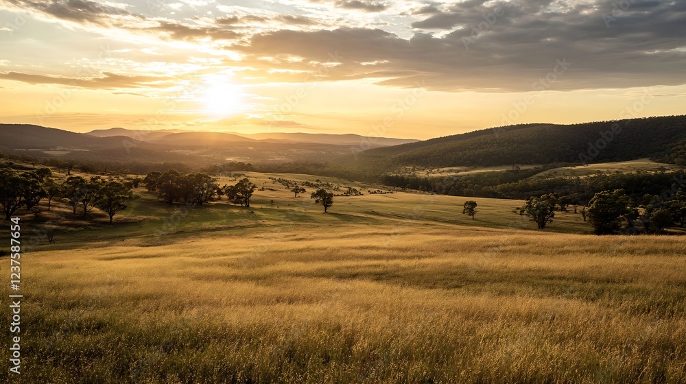 Poster Golden Sunset Over Rolling Hills and Vast Open Fields : Generative AI