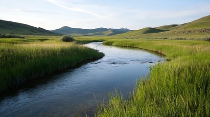 Obraz premium Serene Mountain River Flowing Through Grassy Plains Under Clear Blue Sky : Generative AI