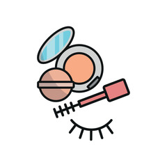 Powder puff and mascara set beauty salon icon in flat style, featuring a soft powder puff and an open mascara tube with a brush, perfect for makeup and beauty themes.