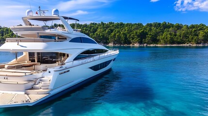 Luxurious White Yacht Anchored in Clear Blue Waters Under a Clear Sky : Generative AI