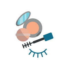 Powder puff and mascara set beauty salon icon in flat style, featuring a soft powder puff and an open mascara tube with a brush, perfect for makeup and beauty themes.