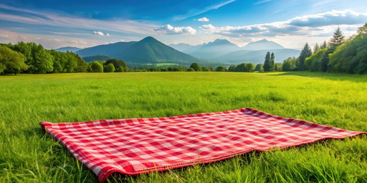 Vibrant red picnic blanket spread on a lush green grassy field with a few trees and a distant mountain range in the background, red picnic cloth, picnic