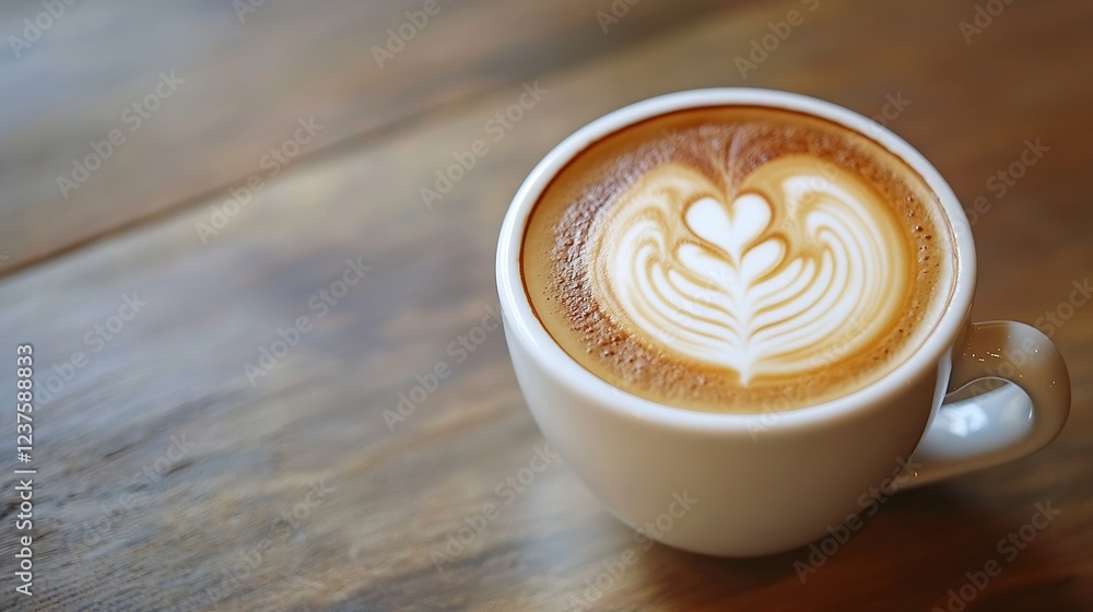 Poster Artistic Latte Art in White Mug on Wooden Table for Coffee Enthusiasts : Generative AI