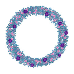 Round frame wreath with cute pressed colorful flowers isolated on transparent background.
