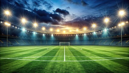 Large soccer field under intense spotlight illumination at dusk, bright lights, soccer, bright lights, soccer