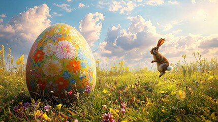 A Playful Rabbit and a Colorful Egg in a Vibrant Field