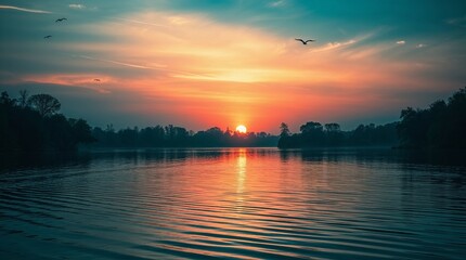 A luxurious and vibrant landscape image dominated by rich deep teal tones. A calm lake reflects golden-pink sunrise hues. Motionless trees, birds, and lake ripples create serene and elegant atmosphere