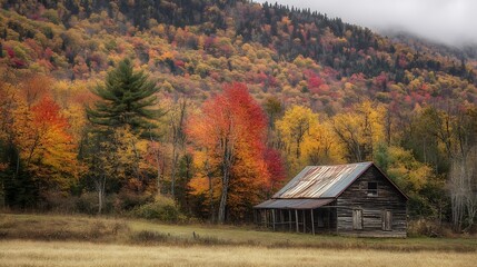 Rustic Old Cabin in Colorful Autumnal Forest Landscape with Mist : Generative AI