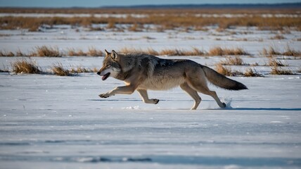 Fototapeta premium Chasing the Ice: Hudson Bay Wolf in Full Sprint on the Frozen Shoreline